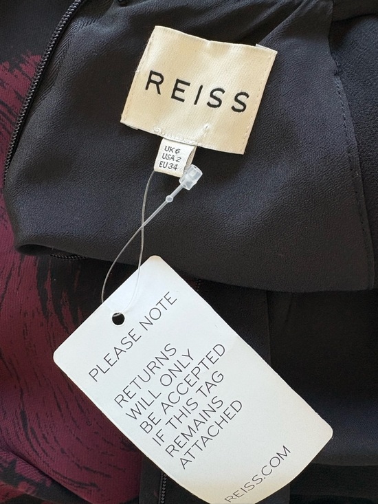 Reiss Black Burgundy Swirl Print Chiffon Dress Beaded Collar Sheer Sleeve Size 2 - Picture 4 of 9